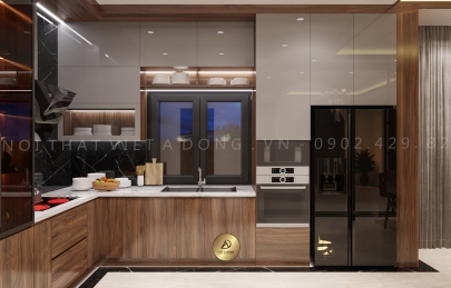 Tủ bếp chữ L gỗ óc chó tốt nhất tại Nội Thất Việt Á Đông